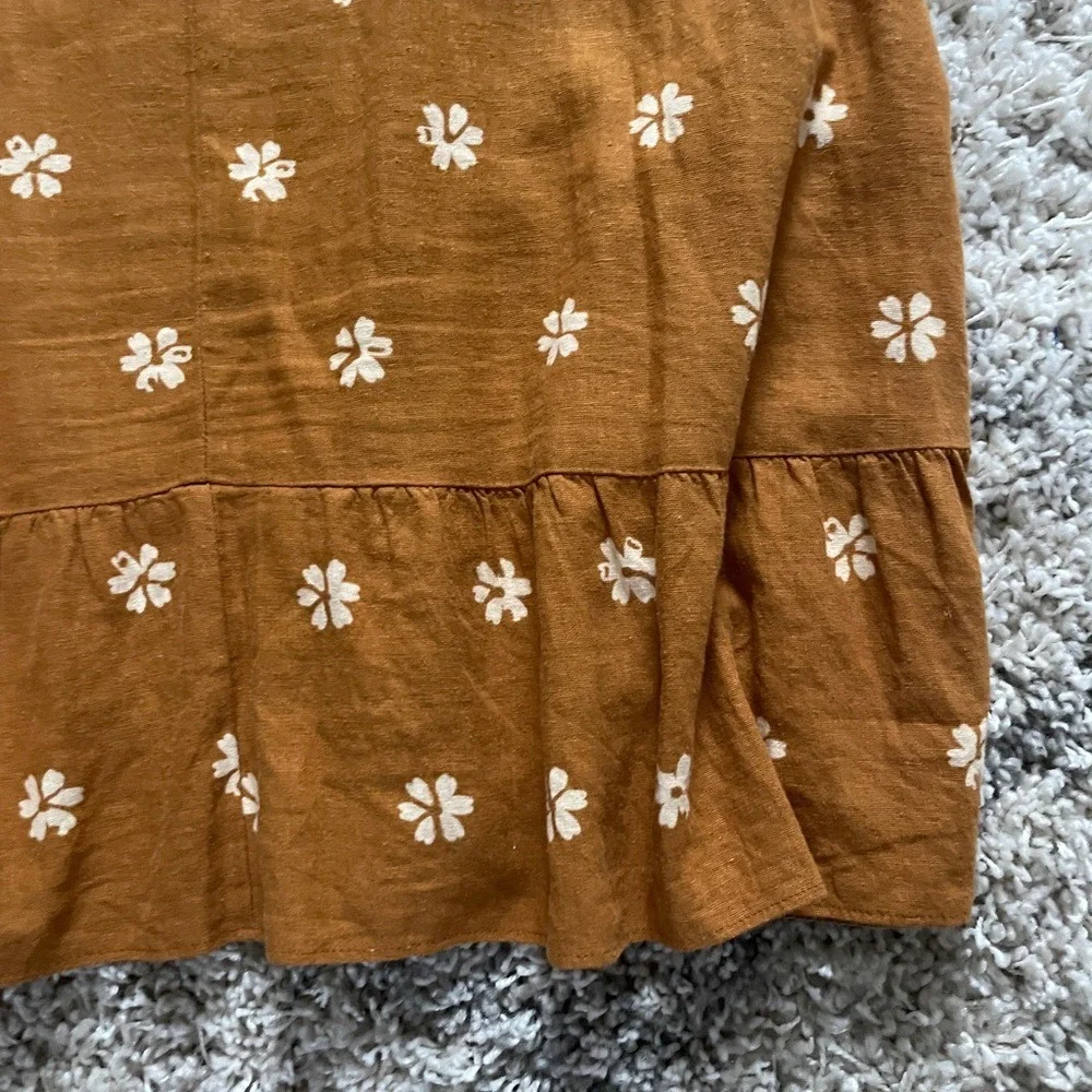 Floral Linen Blend Sleeveless Ruffle Mini Dress Tobacco Brown‎ Women Small